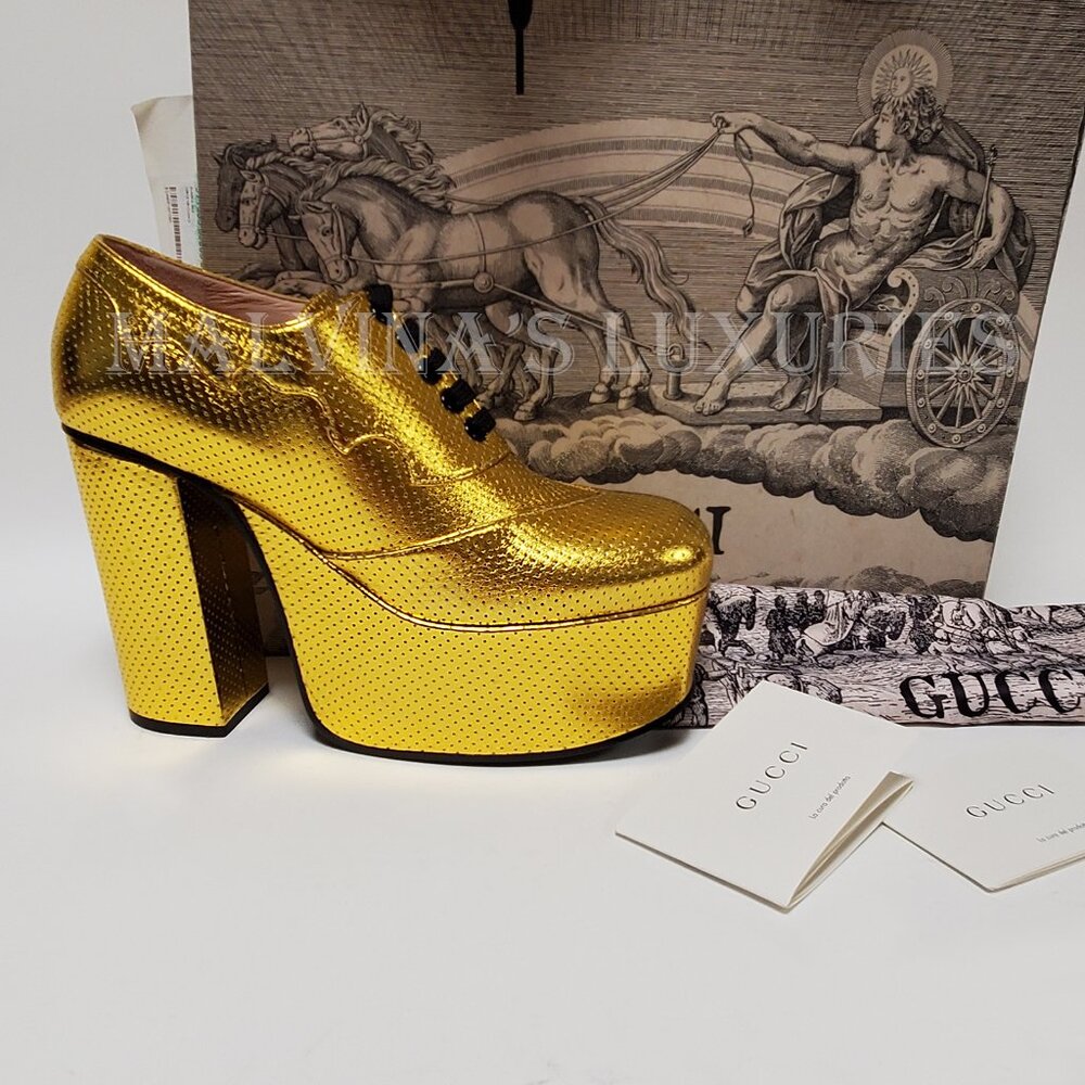 GUCCI SHOES OTIS GOLD LEATHER PLATFORM LACE UP PUMPS sz 39.5 9.5 US - Picture 14 of 15
